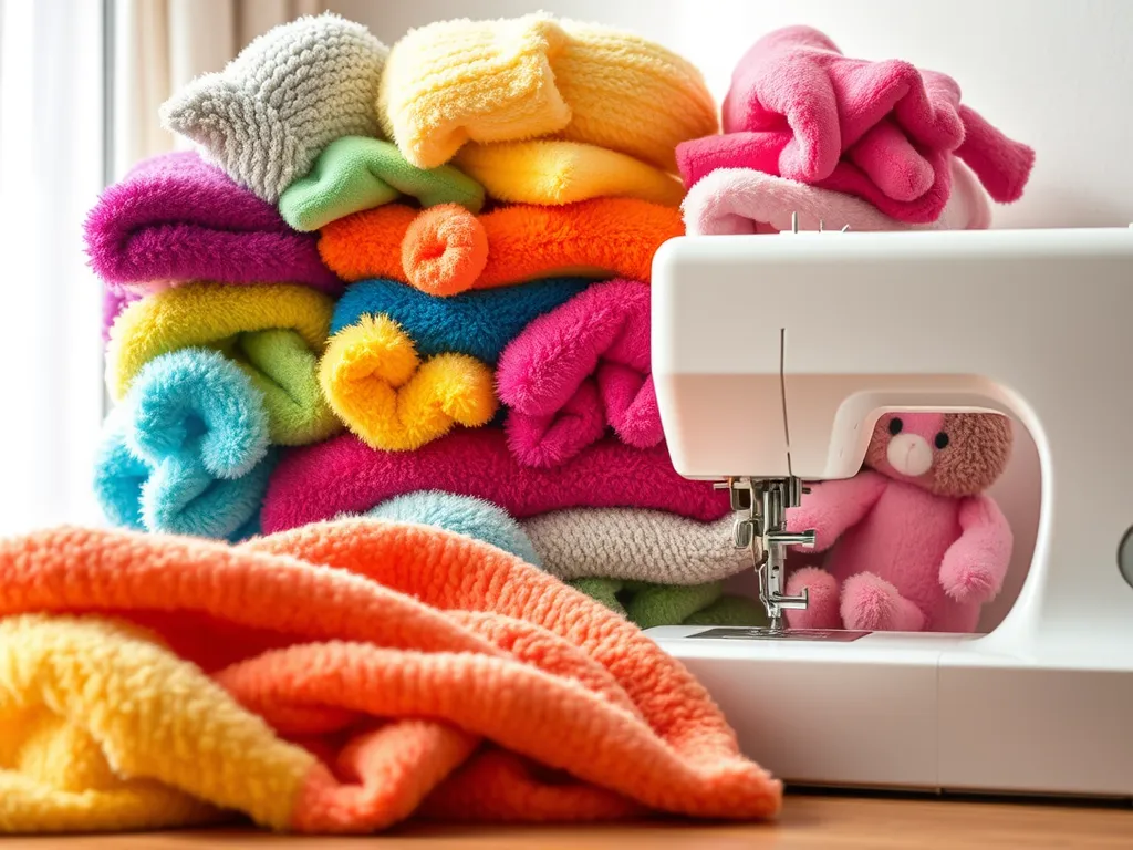 Sewing machine with stacks of colorful plush fabrics and small pink teddy bear.