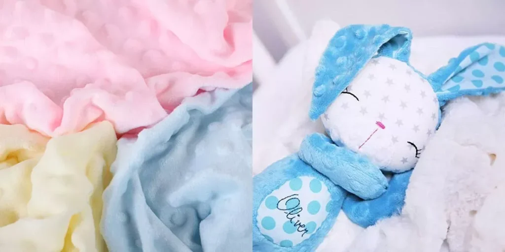 Soft colorful minky fabric with blue plush bunny toy.