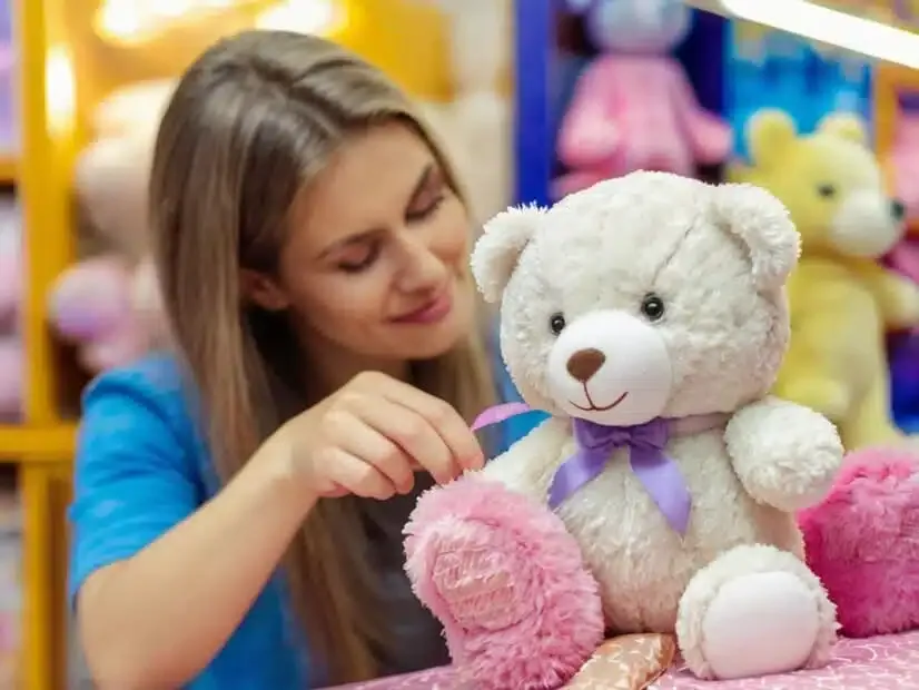 Woman tying ribbon on white teddy bear's pink paws in toy store.