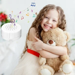Girl hugging teddy bear with voice recording device and colorful musical notes.