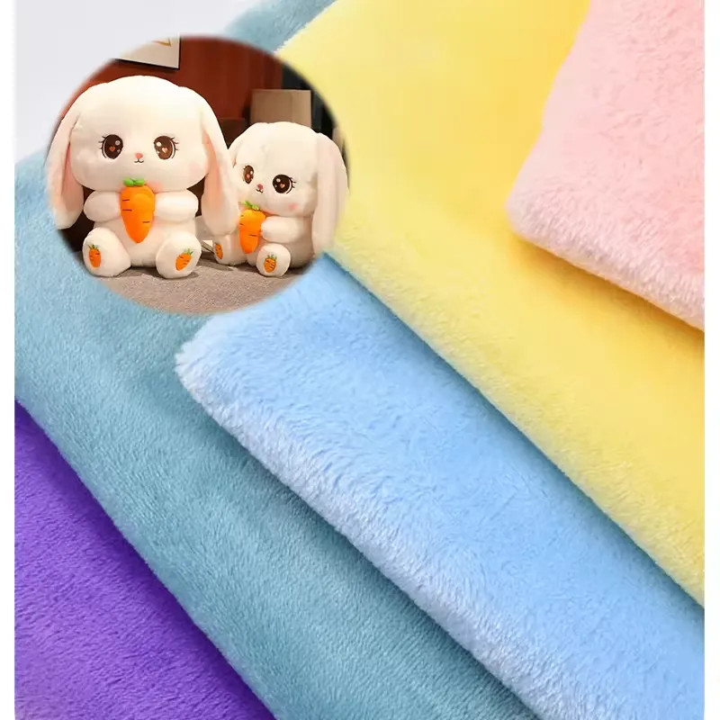 Soft velboa plush fabric in purple, blue, yellow, and pink with inset of white bunny plush toys.