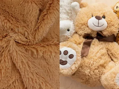 Soft brown faux fur fabric and plush teddy bears with ribbons.