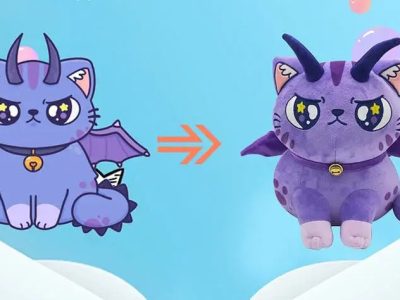 Purple cartoon cat with wings and horns transformed into plush toy version.